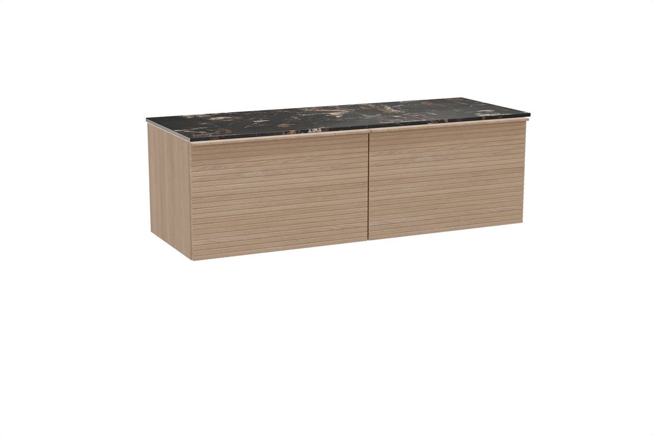 Balmani Forma zwevend badkamermeubel 150 x 55 cm natuur eik met Stretto enkel of dubbel tablet in marmer portoro gold, Horizontale symmetrische rechte ribbel