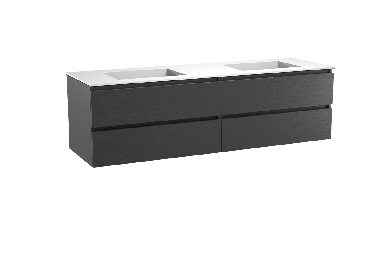 Balmani Lucida hängendes Möbelstück Set: 180 x 55 cm, Schwarze Eiche, mit Tablo Stretto Doppelwaschtisch, Solid Surface Weiß matt