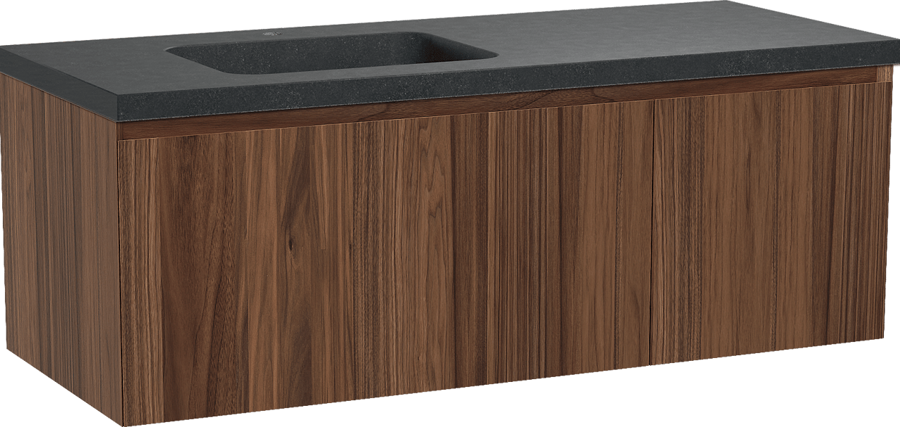 Balmani Idra zwevend badmeubel 135 x 55 cm notenhout met Napoli asymmetrisch linkse wastafel in zwart graniet