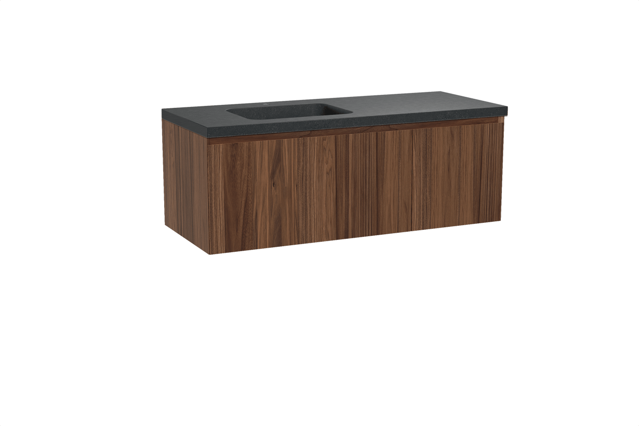 Balmani Idra hängendes Möbelstück Set: 135 x 55 cm, Nussbaum, mit Napoli Waschtisch links, Schwarzes Granit