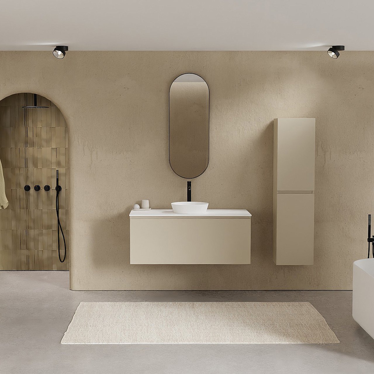 Balmani Sfera hängendes Möbelstück Set: 120 x 55 cm, Dune, mit Stretto Einzel- oder Doppel Waschtischplatte, Solid Surface Weiß matt