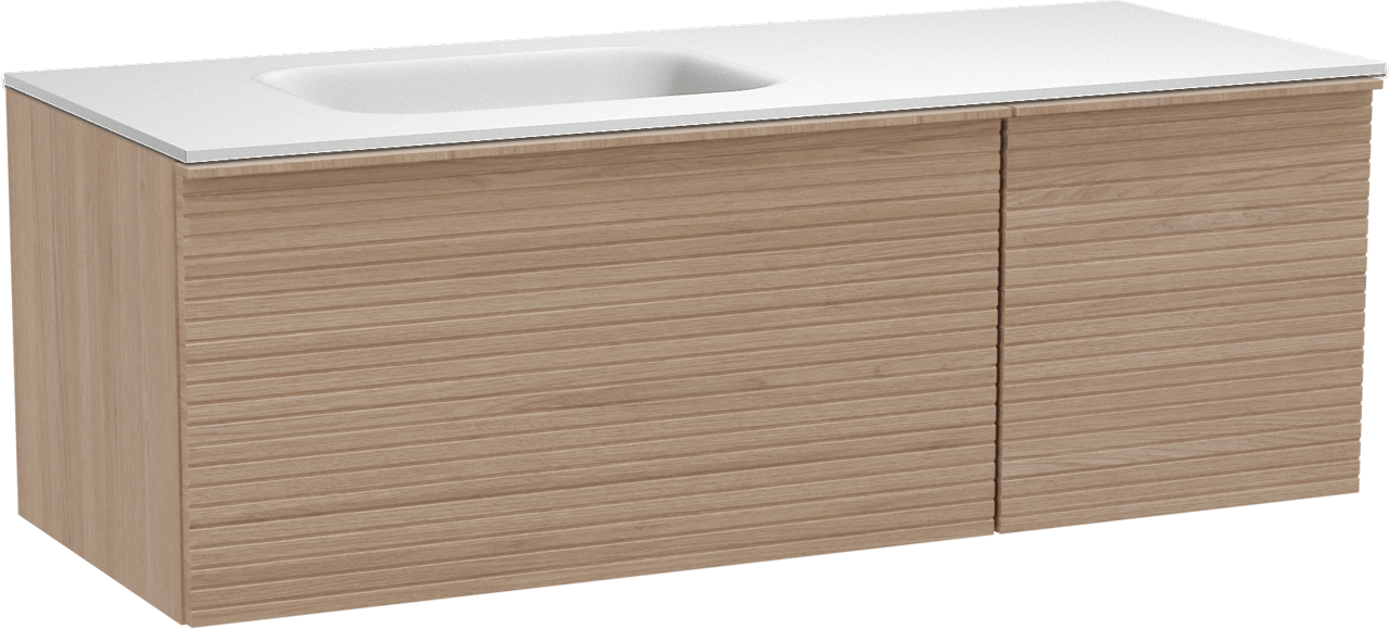 Balmani Forma hängendes Möbelstück Set: 135 x 55 cm, Naturbelassene Eiche, mit Tablo Arcato Waschtisch links, Solid Surface, Weiß matt, Horizontale symmetrische gerade Rippe