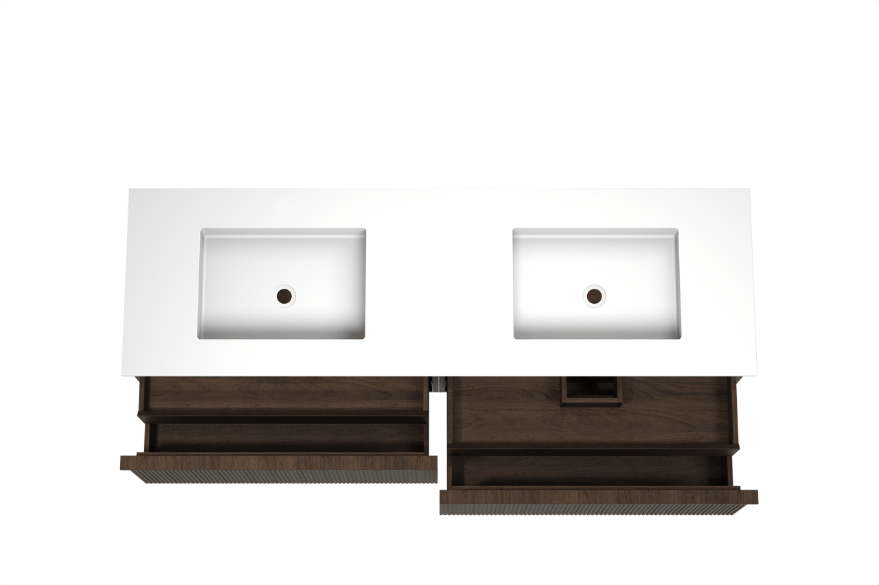 Balmani Forma hängendes Möbelstück Set: 180 x 55 cm, Geräucherte Eiche, mit Tablo Stretto Doppelwaschtisch, Solid Surface, Weiß matt, Vertikale symmetrische gerade Rippe