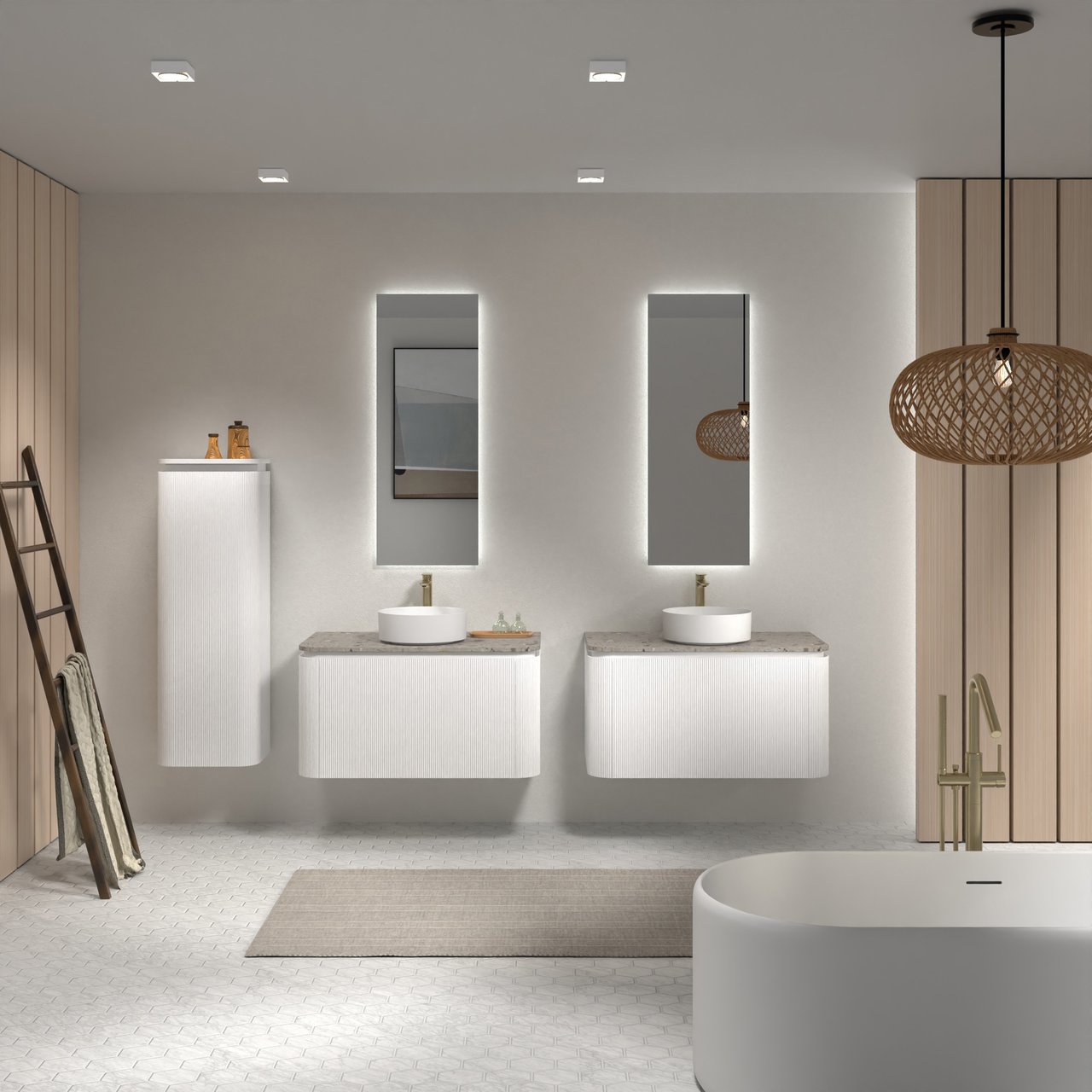 Balmani Moon meuble salle de bains suspendu 100 x 55 cm blanc mat avec Moon tablette simple en terrazzo greige terrazzo, Nervure droite symétrique verticale