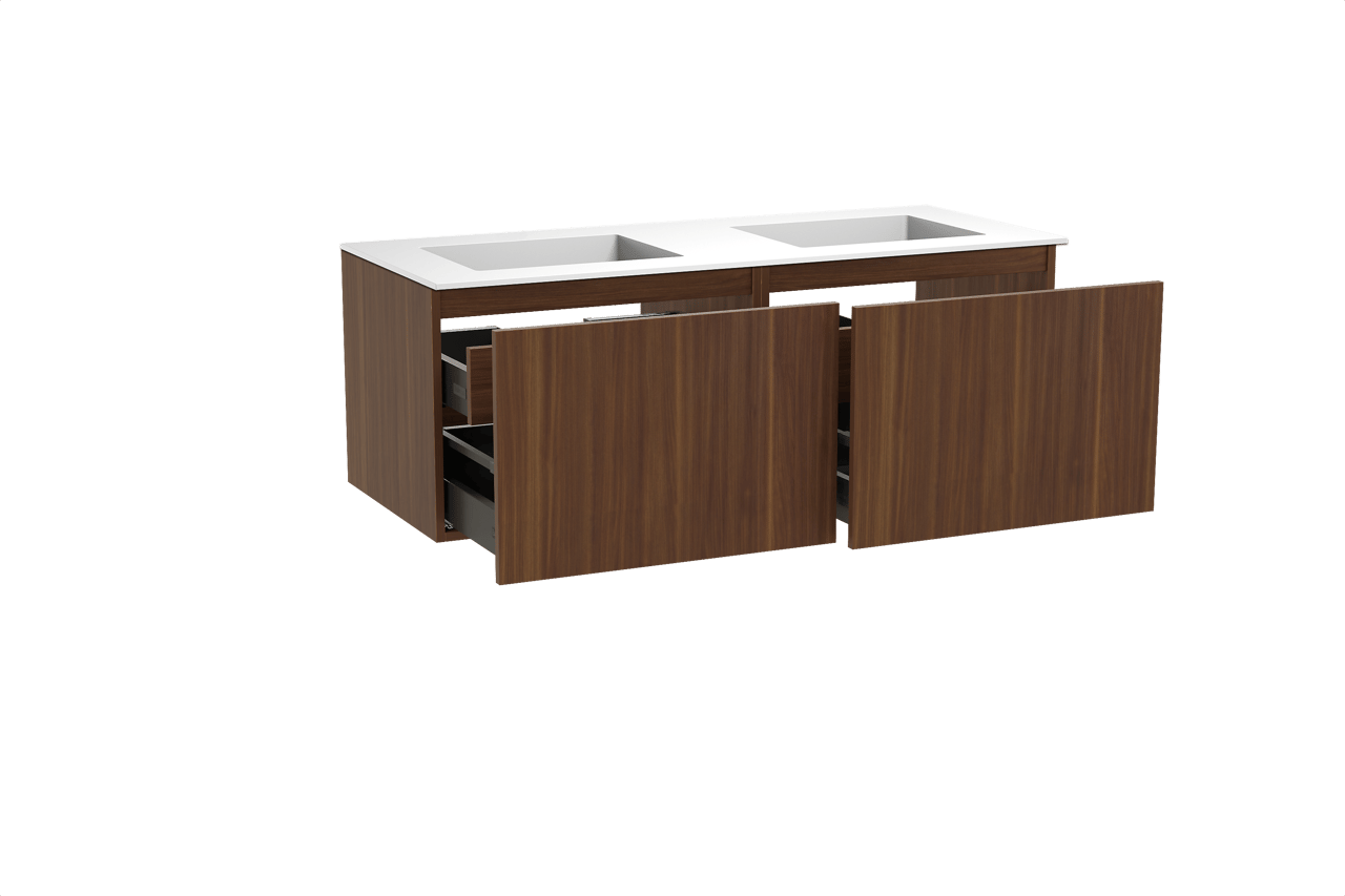 Balmani Sfera meuble salle de bains suspendu 135 x 55 cm noyer américain avec Tablo Stretto double vasque en solid surface blanc mat