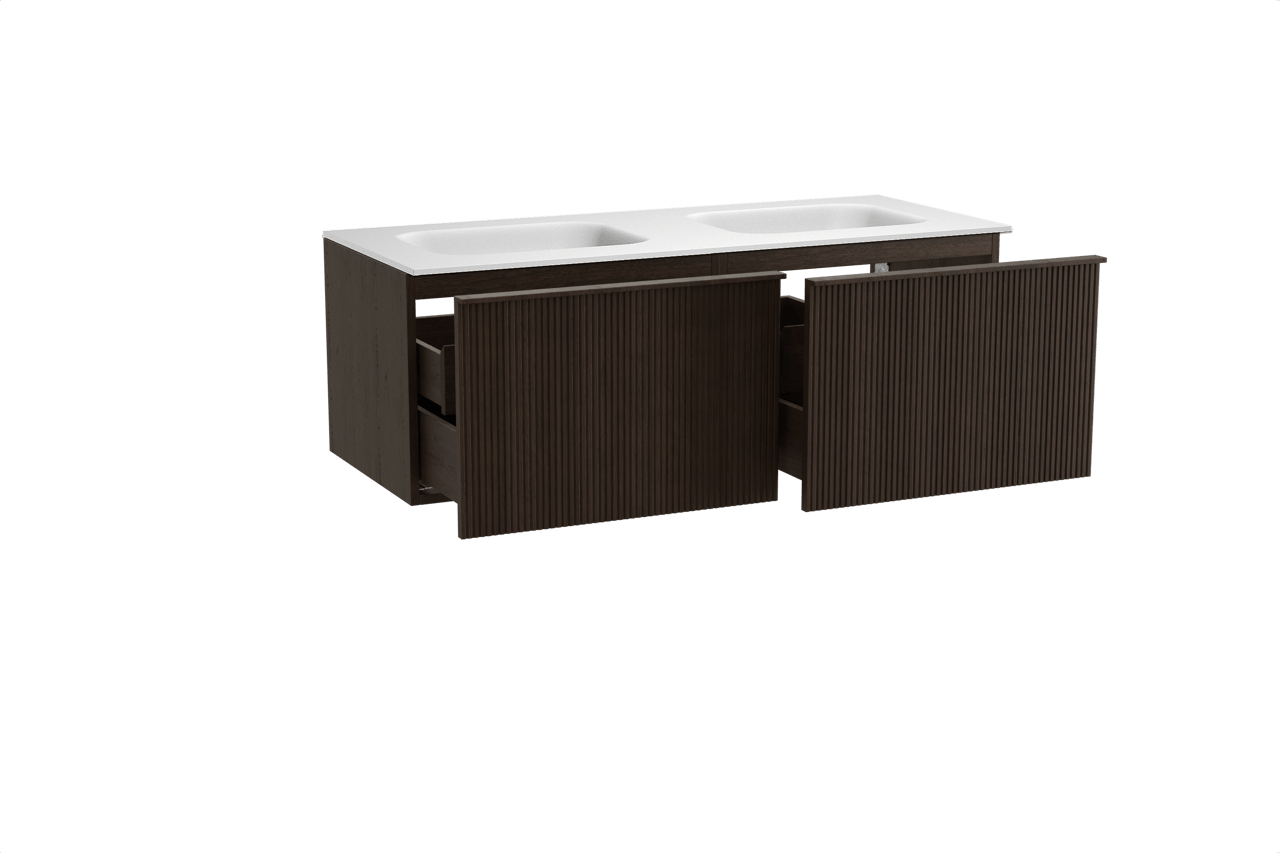 Balmani Forma zwevend badkamermeubel 135 x 55 cm gerookte eik met Tablo Arcato dubbele wastafel in solid surface mat wit, Verticale symmetrische rechte ribbel