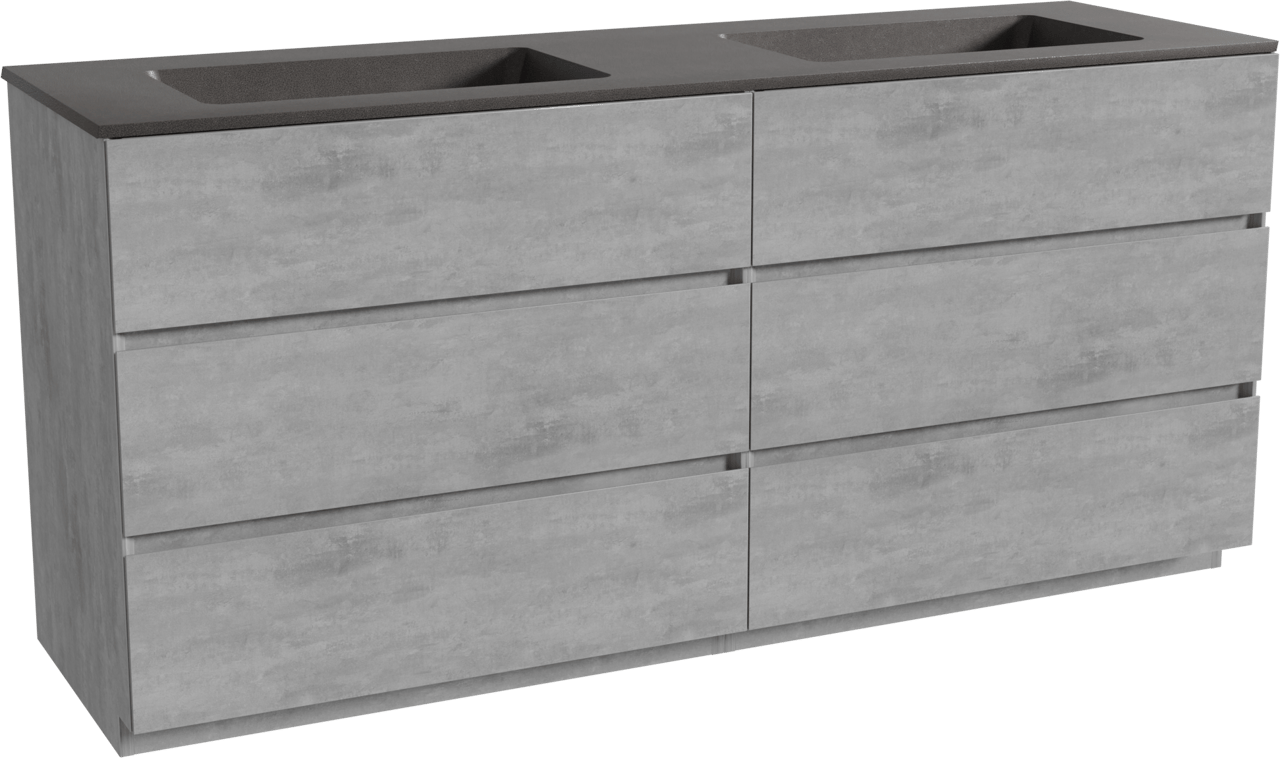 Storke Edge staand badkamermeubel 170 x 52 cm beton donkergrijs met Scuro dubbele wastafel in kwarts mat zwart