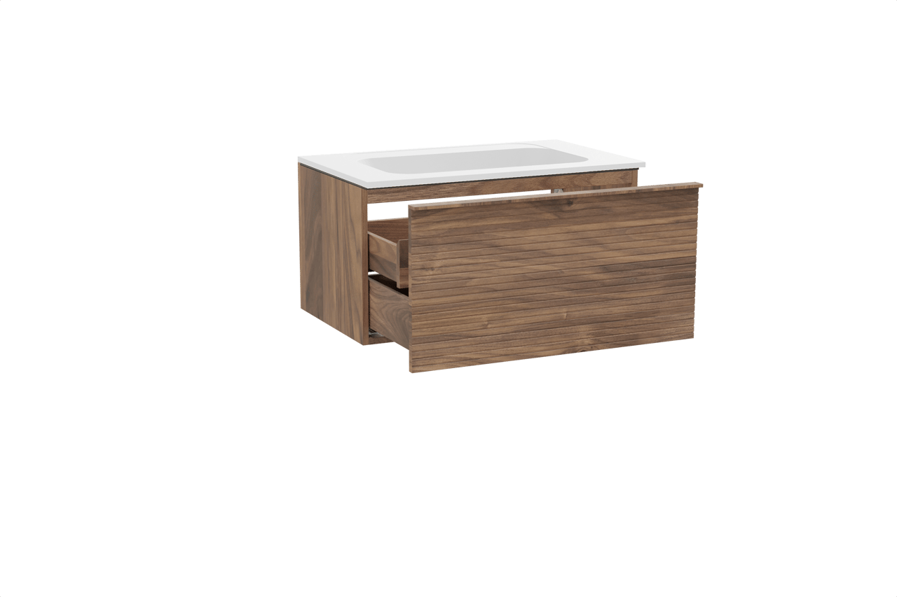 Balmani Forma hängendes Möbelstück Set: 90 x 55 cm, Amerikanischer Nussbaum, mit Tablo Strada Einzelwaschtisch, Marmorkomposit, Weiß matt, Horizontale symmetrische gerade Rippe