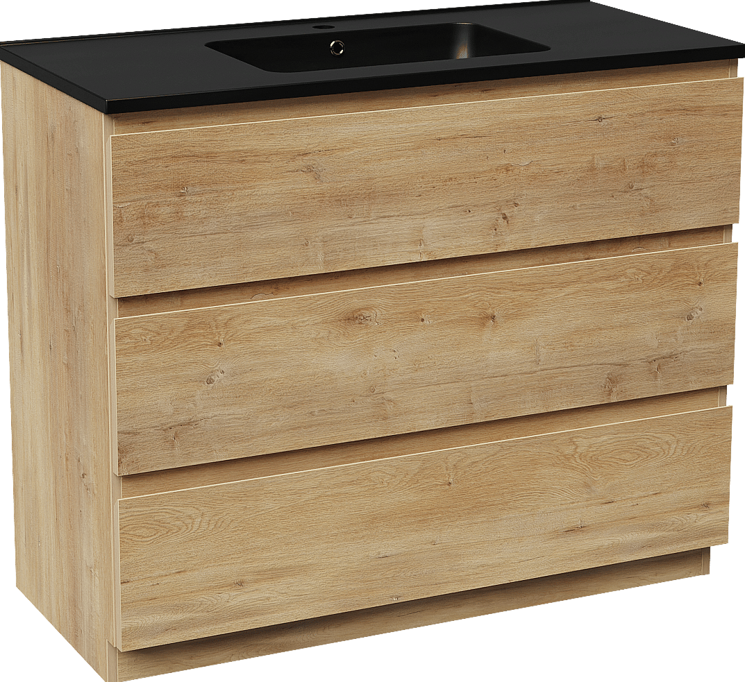 Linie Lado freistehendes Möbelstück Set: 100 x 46 cm, Naturbelassene Eiche, mit Vano Einzelwaschtisch, Marmorkomposit Schwarz matt