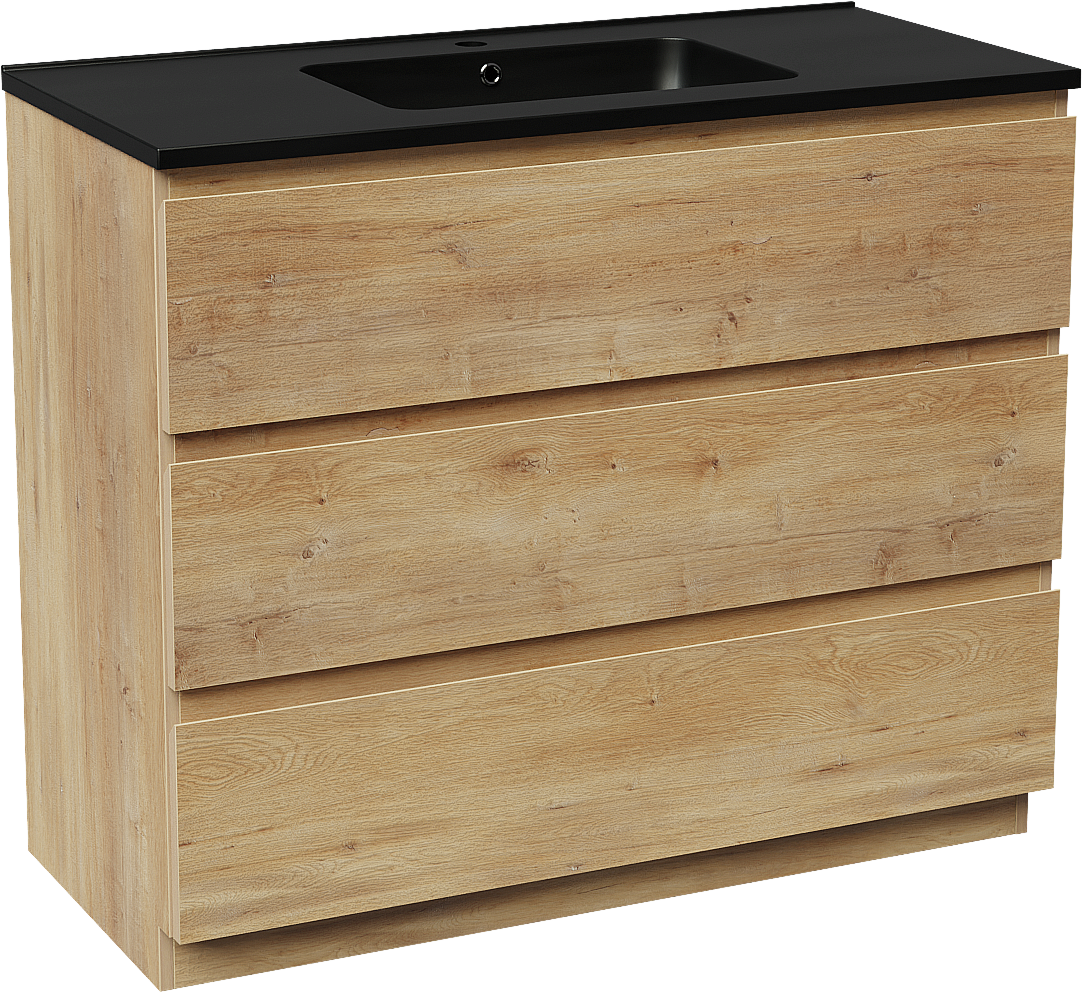 Linie Lado freistehendes Möbelstück Set: 100 x 46 cm, Naturbelassene Eiche, mit Vano Einzelwaschtisch, Marmorkomposit Schwarz matt