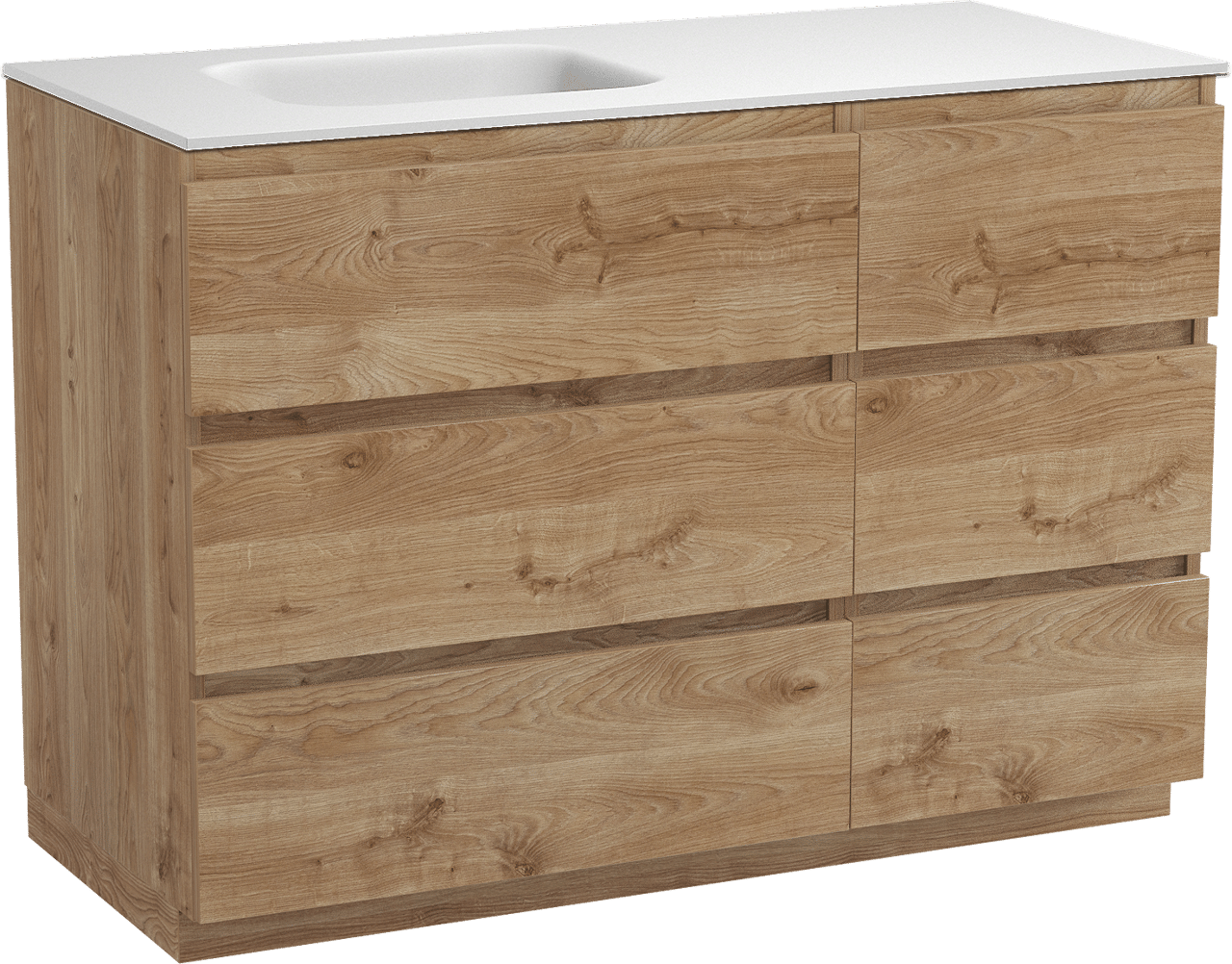 Balmani Lucida freistehendes Möbelstück Set: 120 x 55 cm, Rohe Eiche, mit Tablo Arcato Waschtisch links, Solid Surface Weiß matt