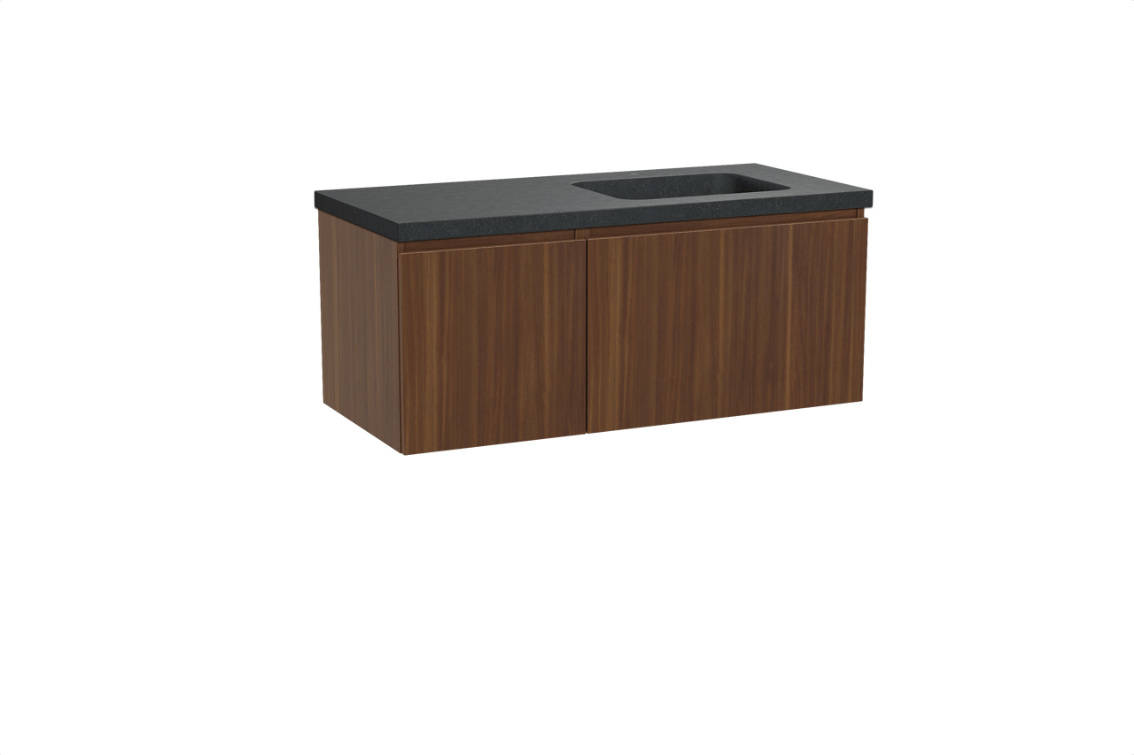 Balmani Sfera hängendes Möbelstück Set: 120 x 55 cm, Amerikanischer Nussbaum, mit Napoli Waschtisch rechts, Schwarzes Granit