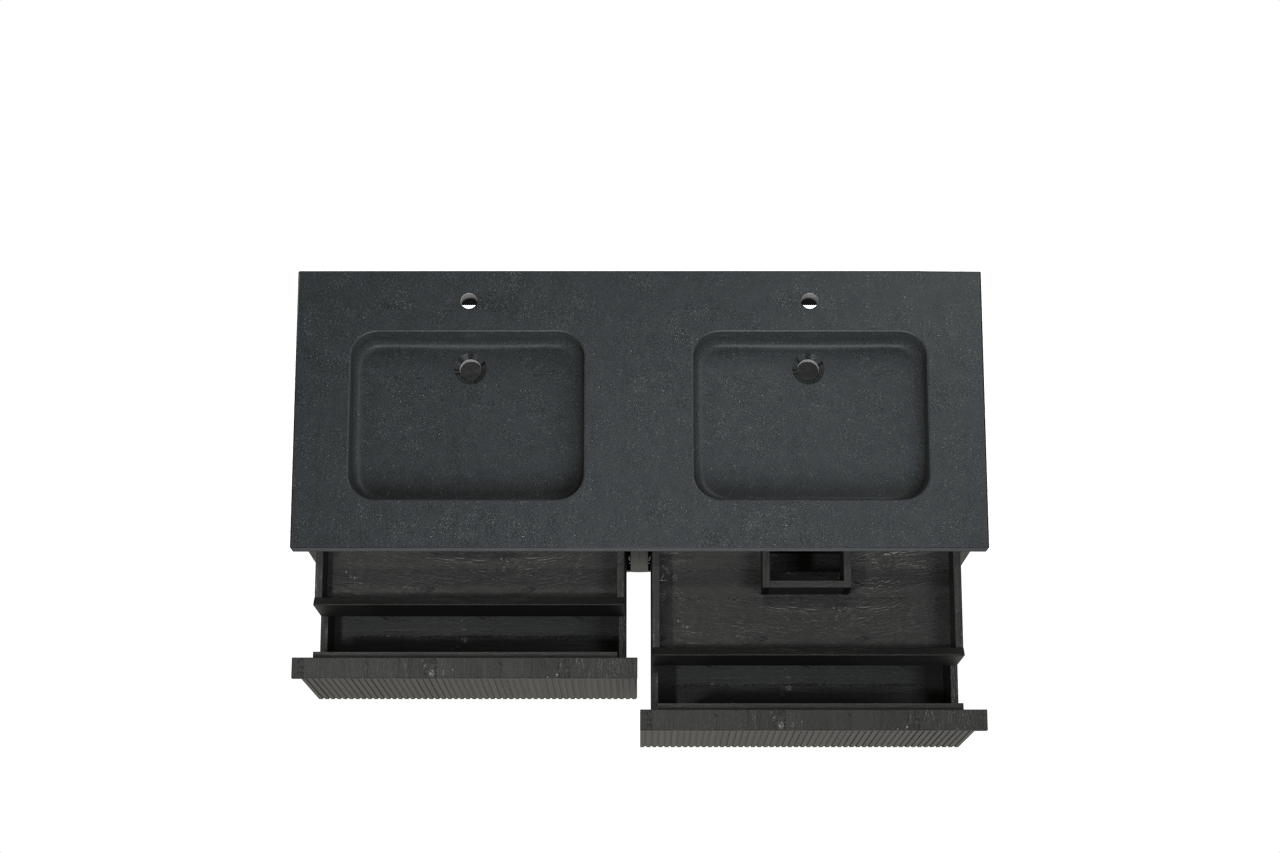 Balmani Forma zwevend badkamermeubel 135 x 55 cm zwarte eik met Napoli dubbele wastafel in graniet zwart, Verticale symmetrische rechte ribbel