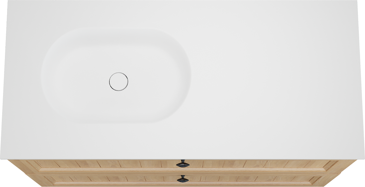 Balmani Lemon staand badkamermeubel 120 x 55 cm, fineer natuur eik met Tablo Oval asymmetrisch linkse wastafel in mat wit