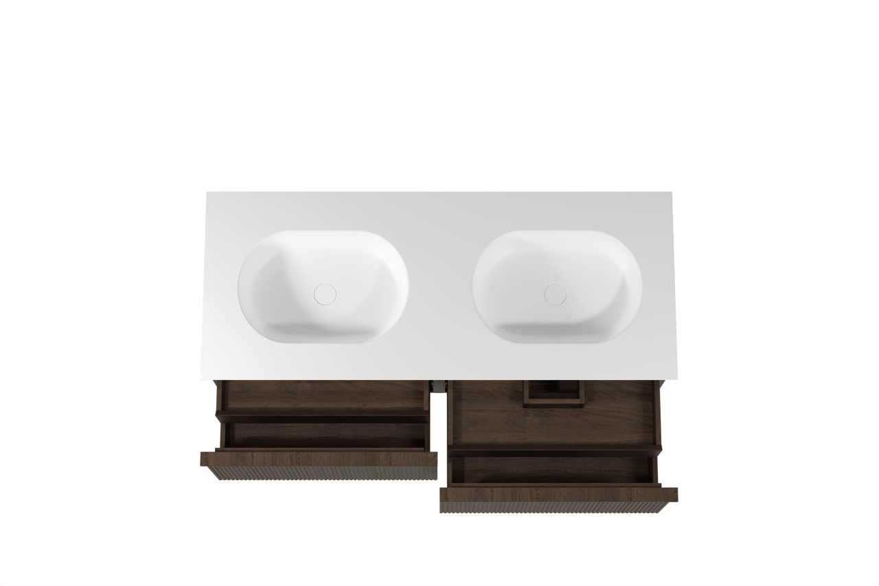 Balmani Forma hängendes Möbelstück Set: 135 x 55 cm, Geräucherte Eiche, mit Tablo Oval Doppelwaschtisch, Solid Surface, Weiß matt, Vertikale symmetrische gerade Rippe