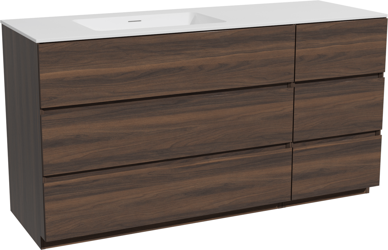 Storke Edge staand badmeubel 150 x 52 cm notenhout met Mata asymmetrisch linkse wastafel in solid surface mat wit