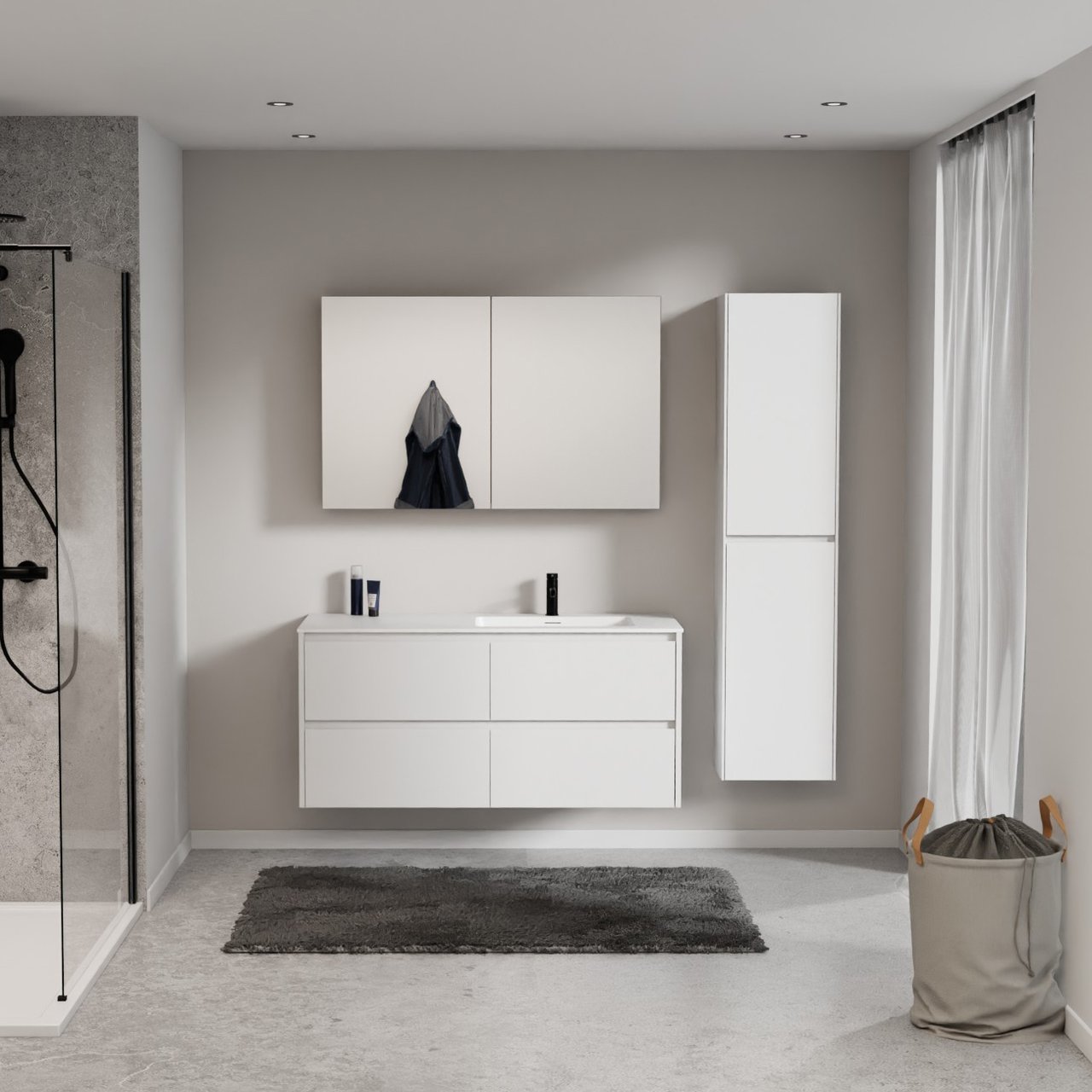 Storke Seda zwevend badmeubel 130 x 52 cm mat wit met Mata asymmetrisch rechtse wastafel in solid surface mat wit