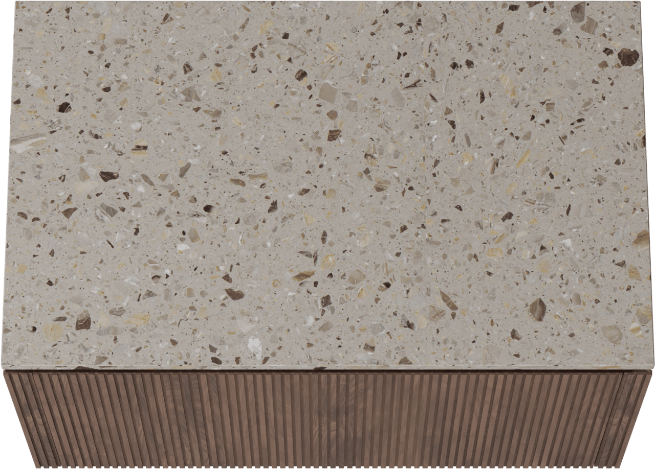 Balmani Eclips zwevend badkamermeubel 90 x 55 cm Amerikaanse notelaar met Stretto enkel tablet in Greige terrazzo, Verticale symmetrische rechte ribbel