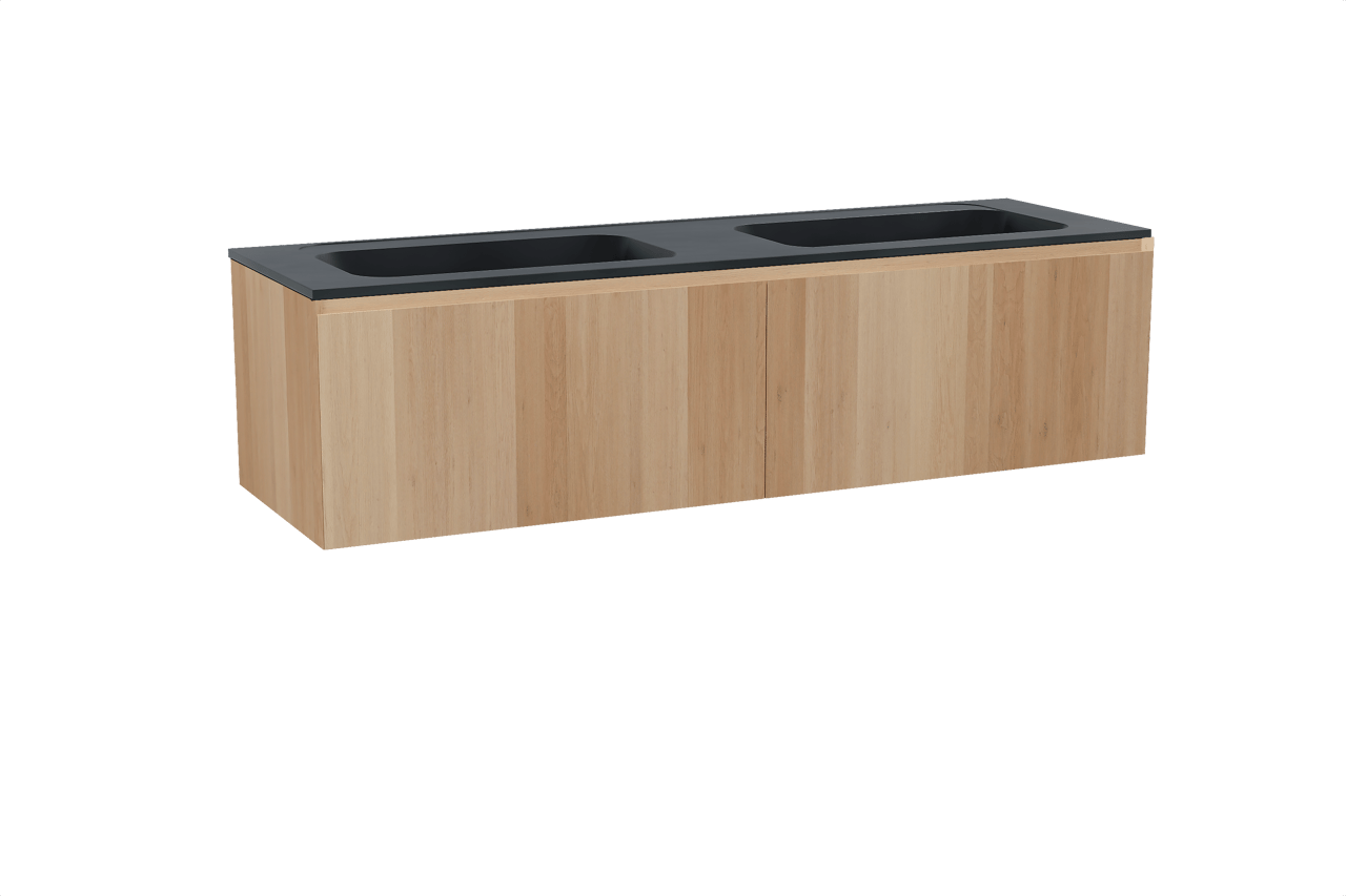 Balmani Idra zwevend badkamermeubel 180 x 55 cm natuur eik met Tablo Strada dubbele wastafel in composietmarmer mat zwart
