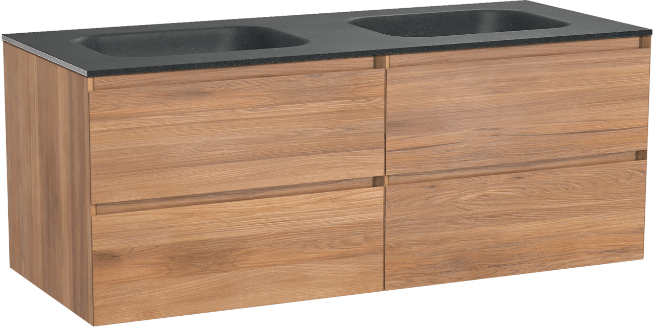 Balmani Mitra meuble salle de bains suspendu 135 x 55 cm teck avec Tablo Arcato double vasque en granit noir