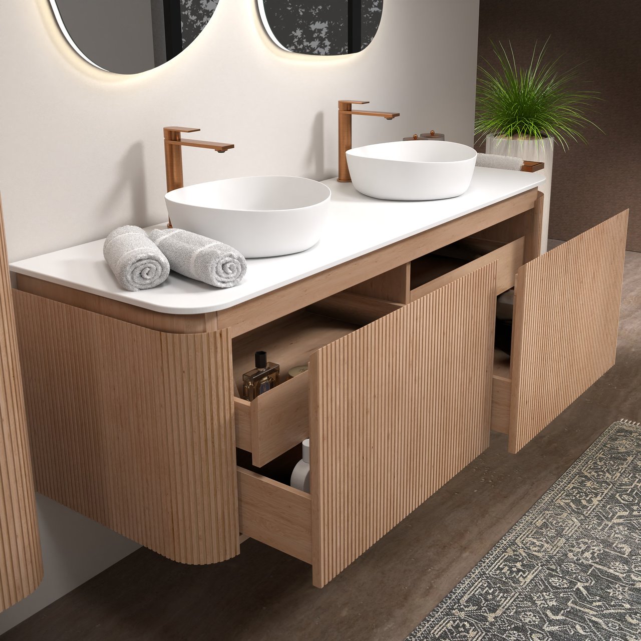 Balmani Moon zwevend badkamermeubel 160 x 55 cm natuur eik met Moon enkel of dubbel tablet in solid surface mat wit, Verticale symmetrische rechte ribbel