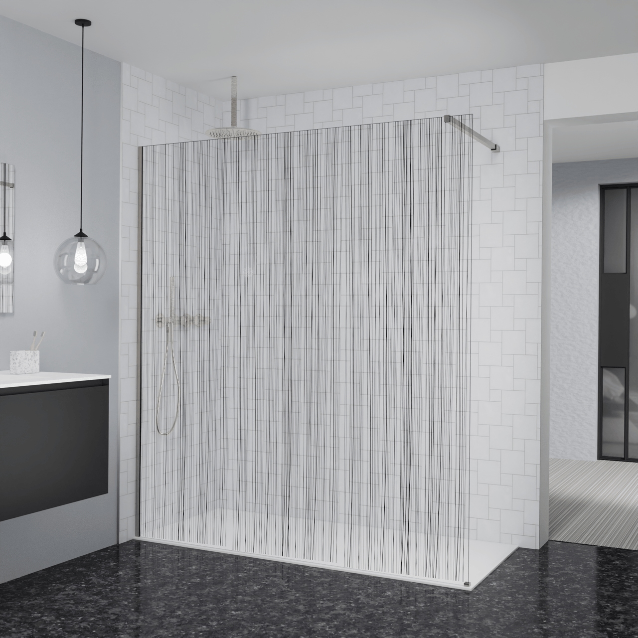 Balmani Modular Walk-In Dusche: 180 x 200 cm, Mikado, inklusive Coating, Profil Brushed CoolMetal