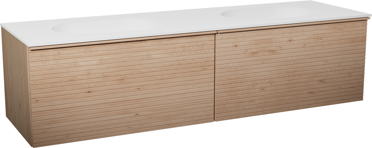 Balmani Forma hängendes Möbelstück Set: 180 x 55 cm, Naturbelassene Eiche, mit Tablo Oval Doppelwaschtisch, Solid Surface, Weiß matt, Horizontale symmetrische gerade Rippe