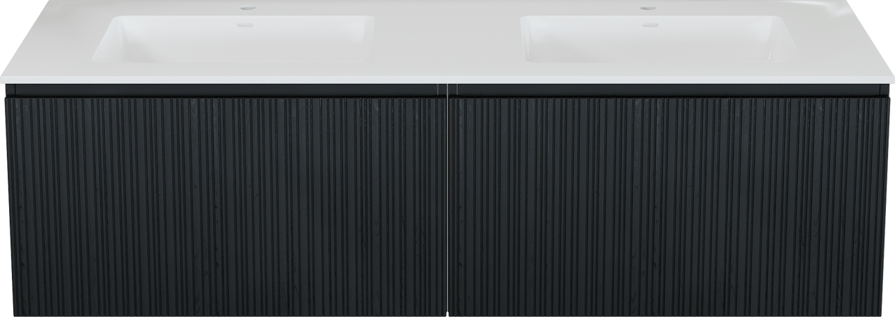 Storke Ribs meuble salle de bains suspendu 170 x 52 cm chêne noir avec Bilia double vasque en marbre composite blanc brillant, Nervure droite asymétrique verticale