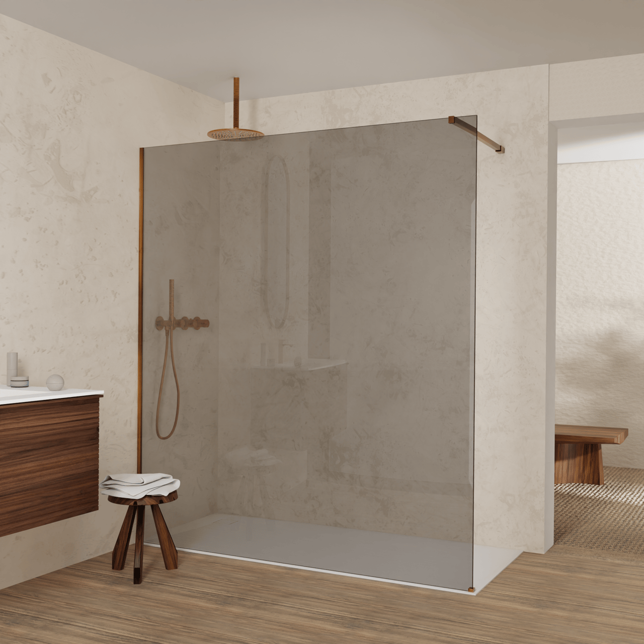 Balmani Modular inloopdouche: 180 x 200 cm, Rookglas met coating, Brushed Rosegold profielen