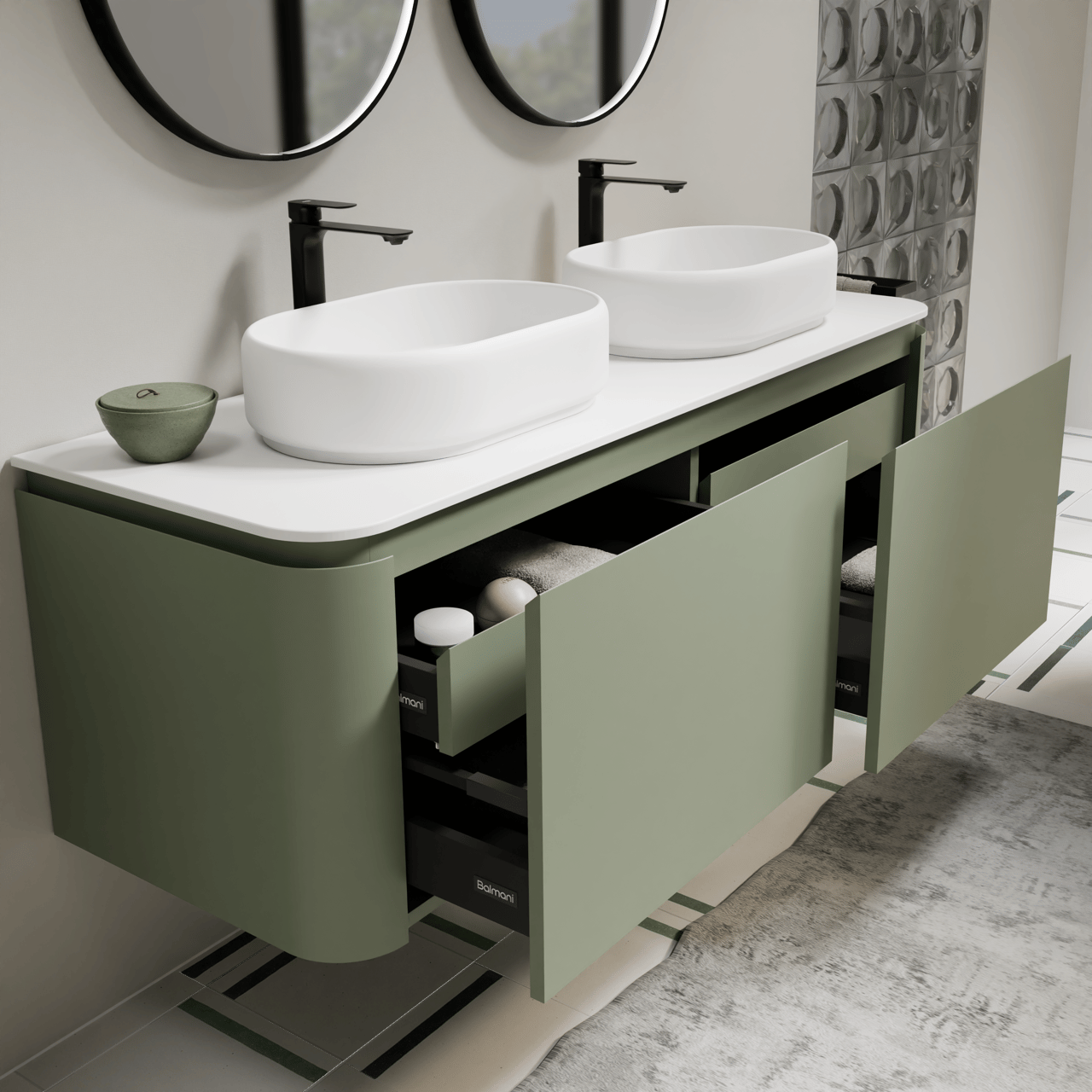 Balmani Moon zwevend badkamermeubel 160 x 55 cm saliegroen met Moon enkel of dubbel tablet in solid surface mat wit