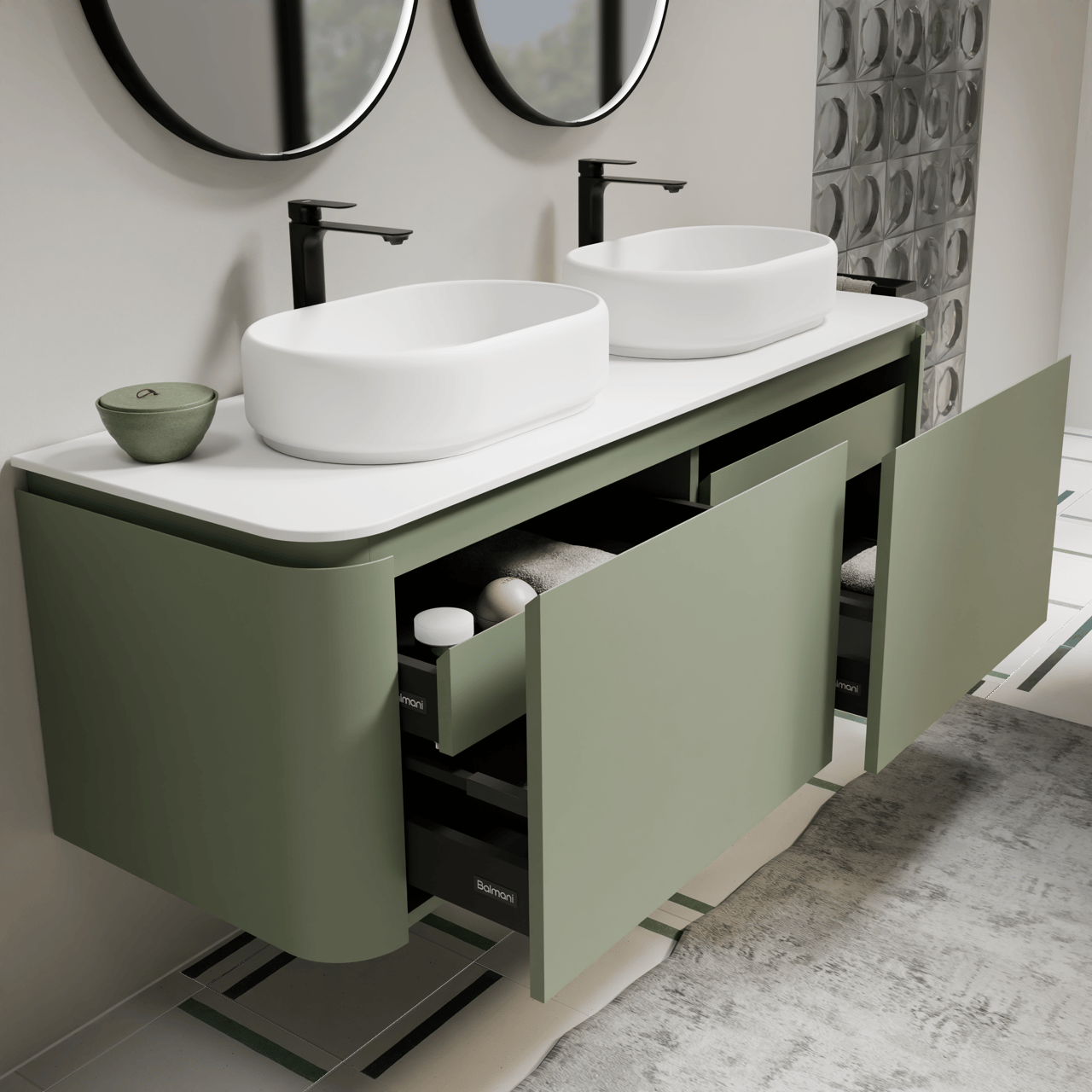 Balmani Moon meuble salle de bains suspendu 160 x 55 cm vert sauge avec Moon tablette simple ou double en solid surface blanc mat