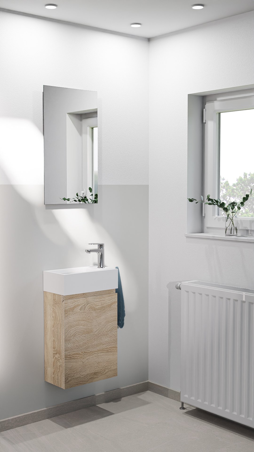 Linie Lado meuble wc suspendu 40 x 22 cm chêne blanc avec Vano lavabo en marbre composite brillant