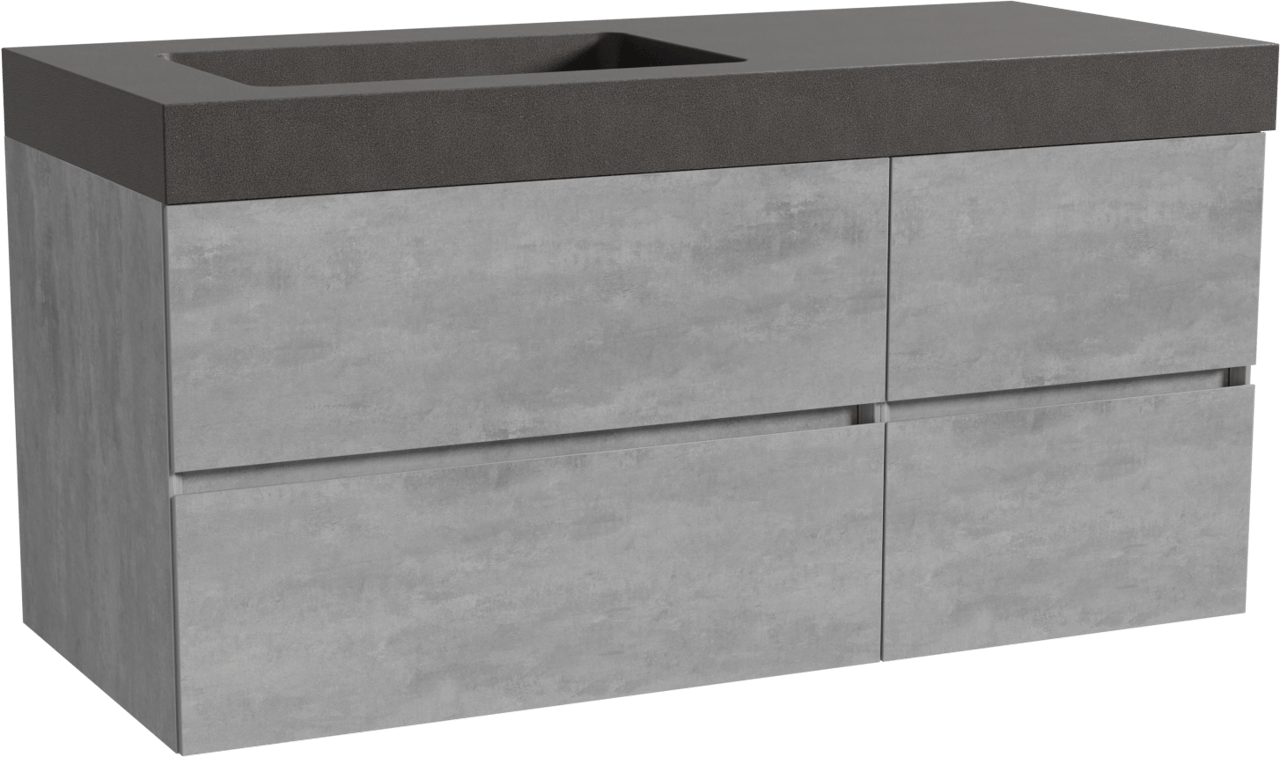 Storke Edge meuble salle de bains suspendu 120 x 52 cm béton gris foncé avec Scuro High plan vasque asymétrique à gauche en quartz noir mat