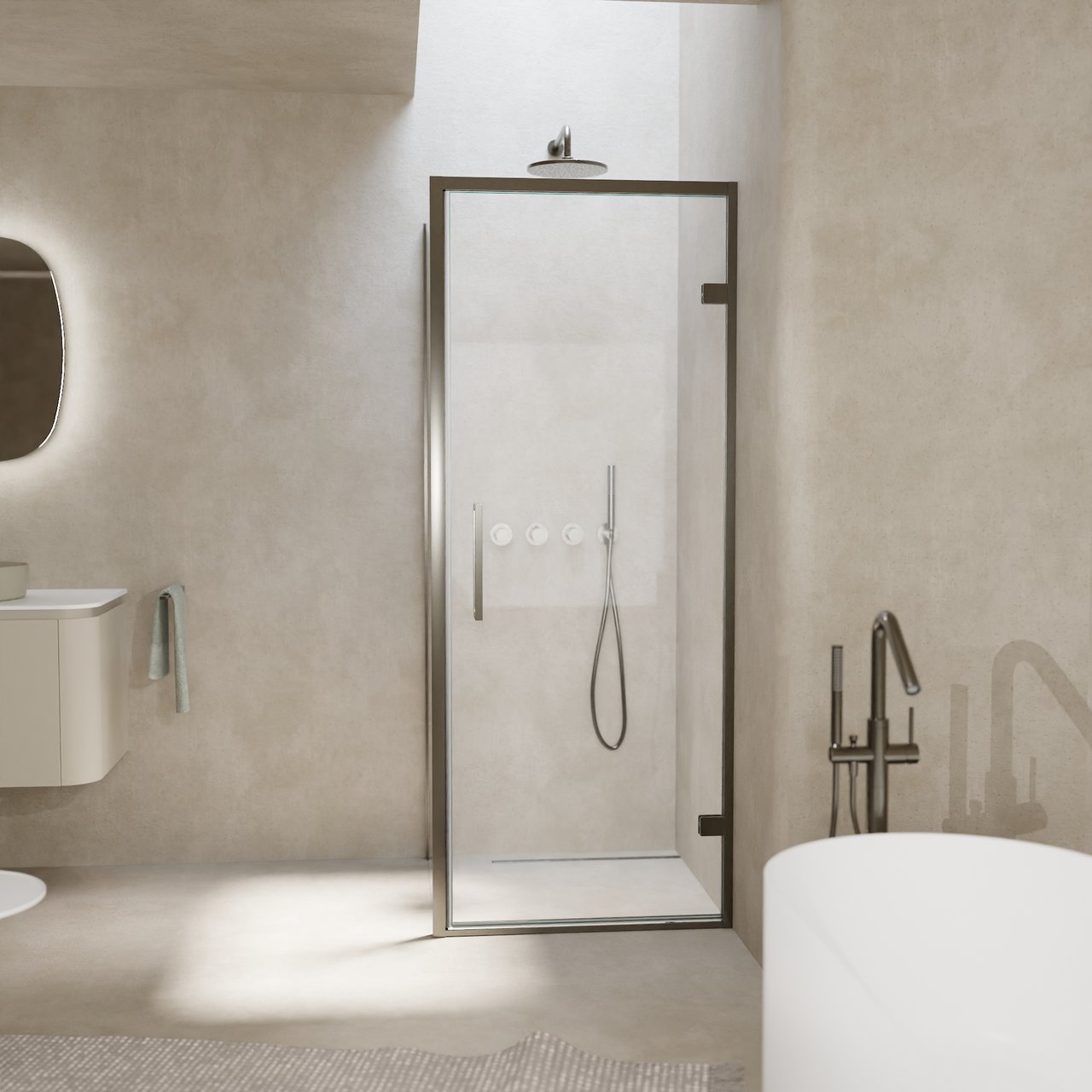 Balmani Senses Design douche en coin avec porte pivotante à droite et paroi latérale fixe, 90 x 70 cm, Verre transparent, Profil Brushed GunMetal