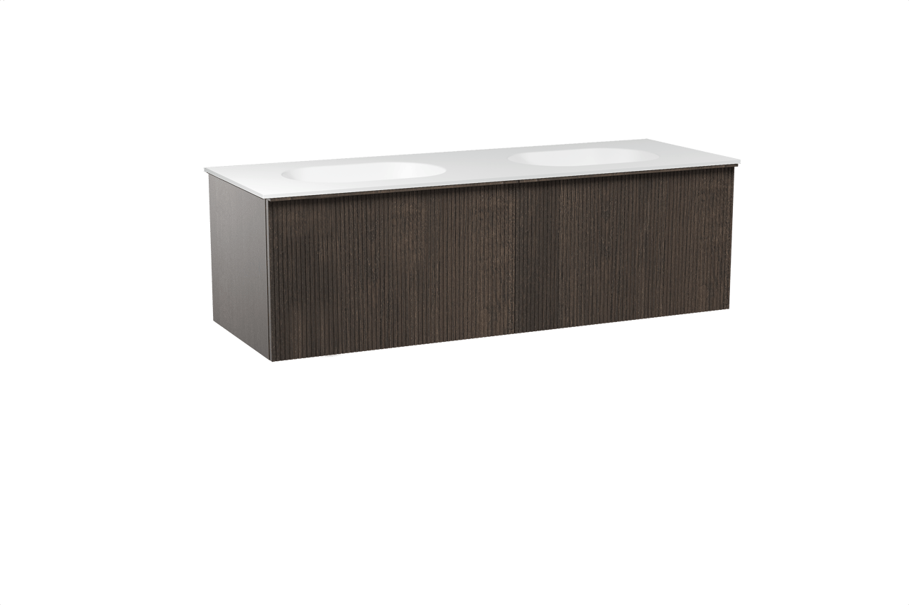 Balmani Forma zwevend badkamermeubel 150 x 55 cm gerookte eik met Tablo Oval dubbele wastafel in solid surface mat wit, Verticale symmetrische rechte ribbel