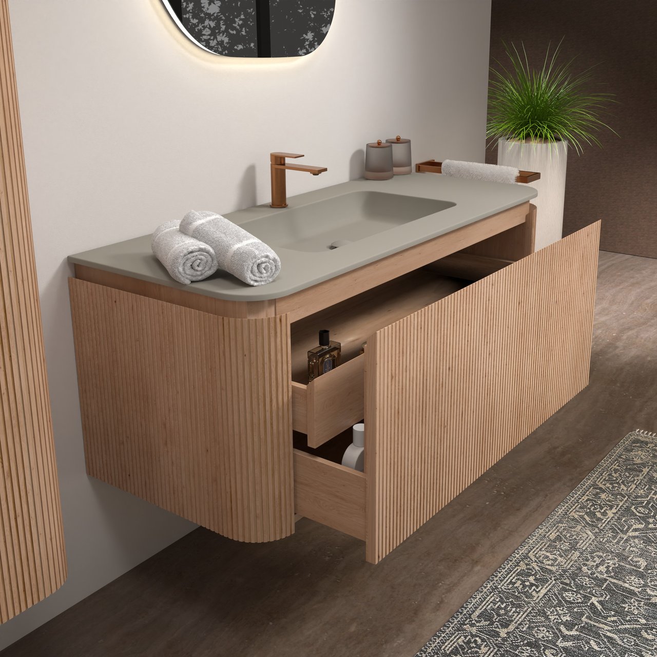 Balmani Moon hängendes Möbelstück Set: 130 x 55 cm, Naturbelassene Eiche, mit Moon Einzelwaschtisch, Top Solid, Seidengrau, Vertikale symmetrische gerade Rippe