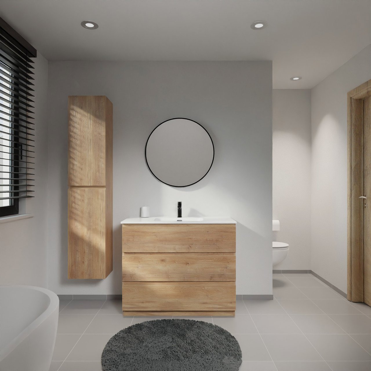 Linie Lado meuble salle de bains à poser 100 x 46 cm chêne naturel avec Baro plan simple en porcelaine blanc mat