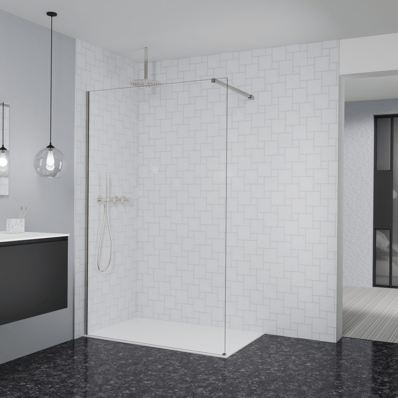 Balmani Modular Walk-In Dusche: 130 x 200 cm, Klarglas, Profil Brushed CoolMetal