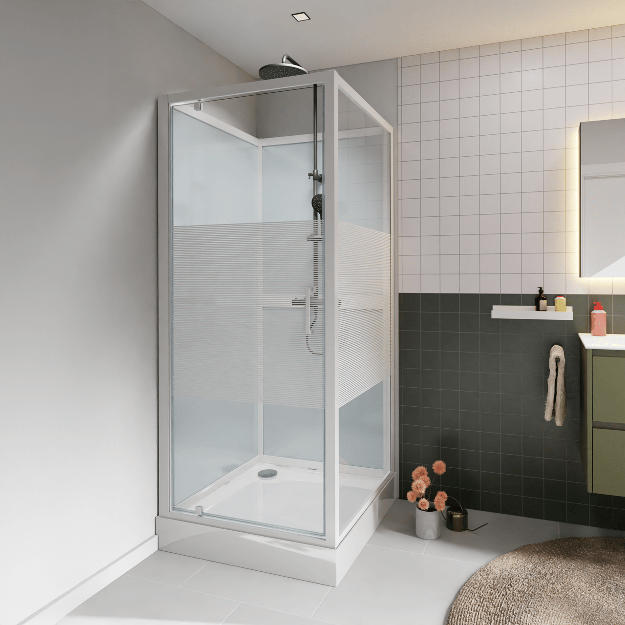 Luca Varess Talan complete douchecabine met draaideuren 90 x 90 cm helder glas met mat gestreepte strook glans wit profiel