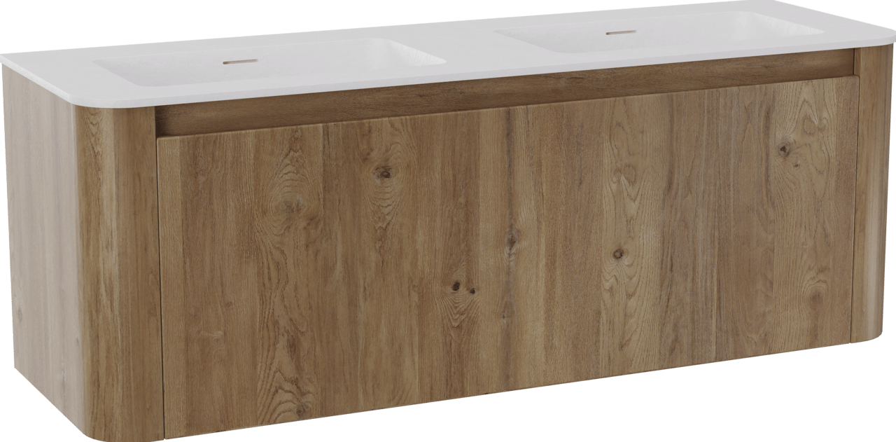 Storke Soft meuble salle de bains suspendu 140 x 46 cm chêne brut avec Mata Soft double vasque en Solid Surface blanc mat