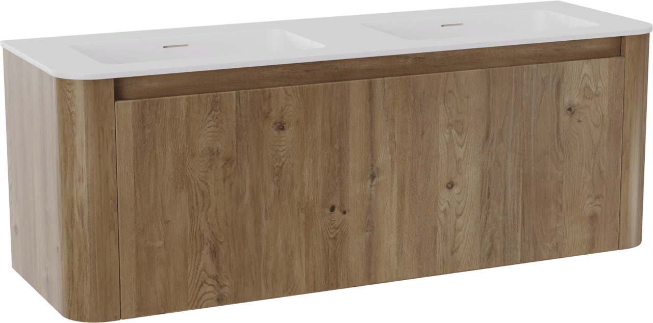 Storke Soft hängendes Möbelstück Set: 140 x 46 cm, Eiche rau, mit Mata Soft Doppelwaschtischplatte Solid Surface Weiβ matt