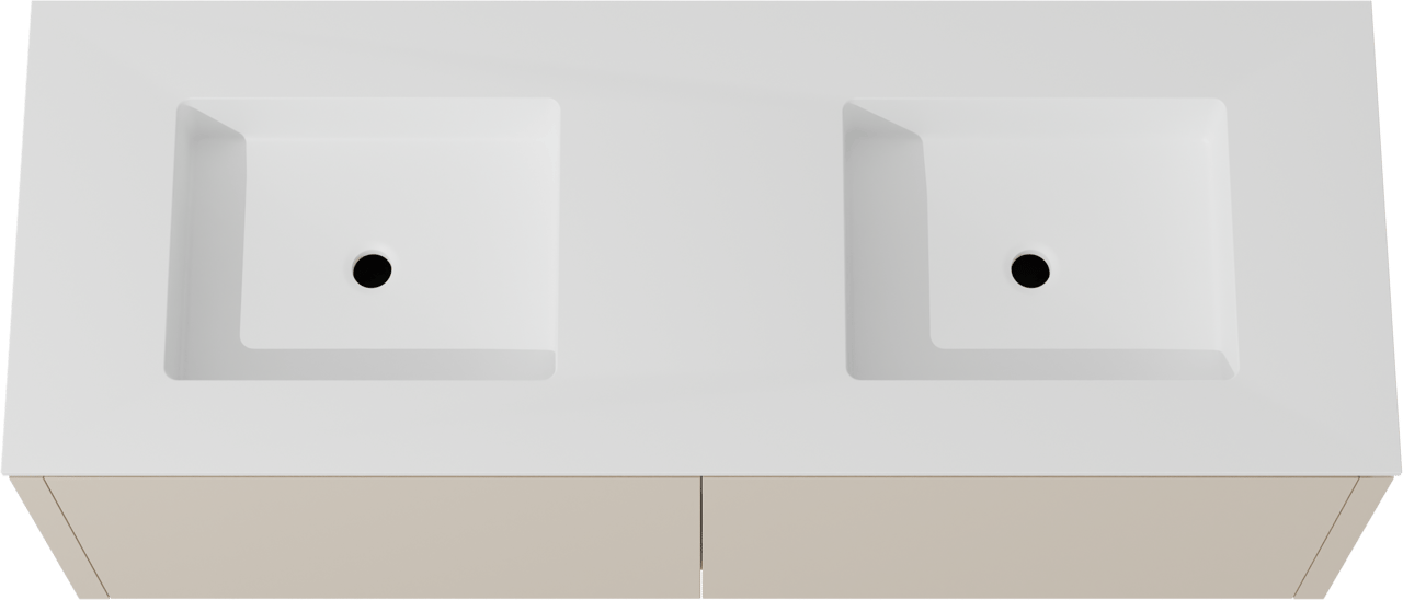 Balmani Eclips meuble salle de bains suspendu 150 x 55 cm Sandbeige avec Tablo Stretto double vasque en Solid Surface blanc mat