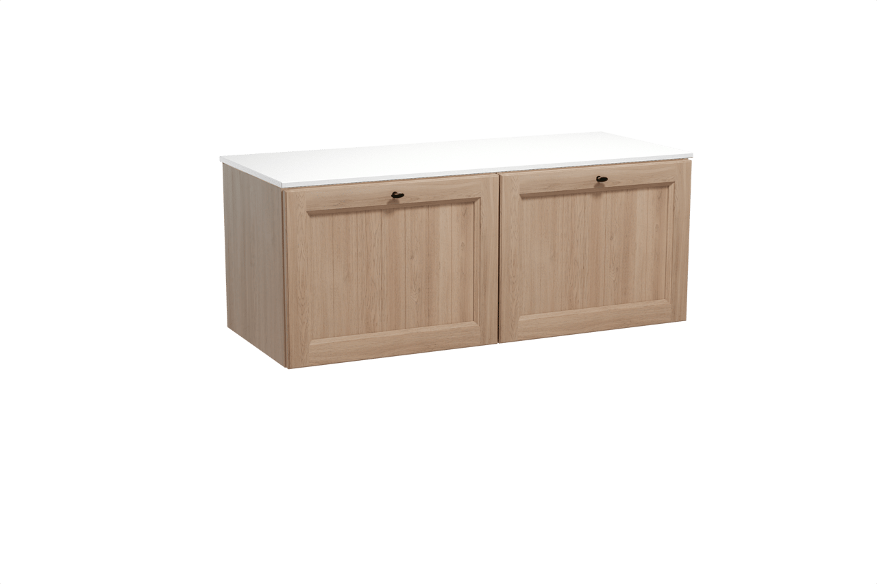 Balmani Lemon zwevend badkamermeubel 135 x 55 cm verweerde eik met Stretto enkel of dubbel tablet in solid surface mat wit