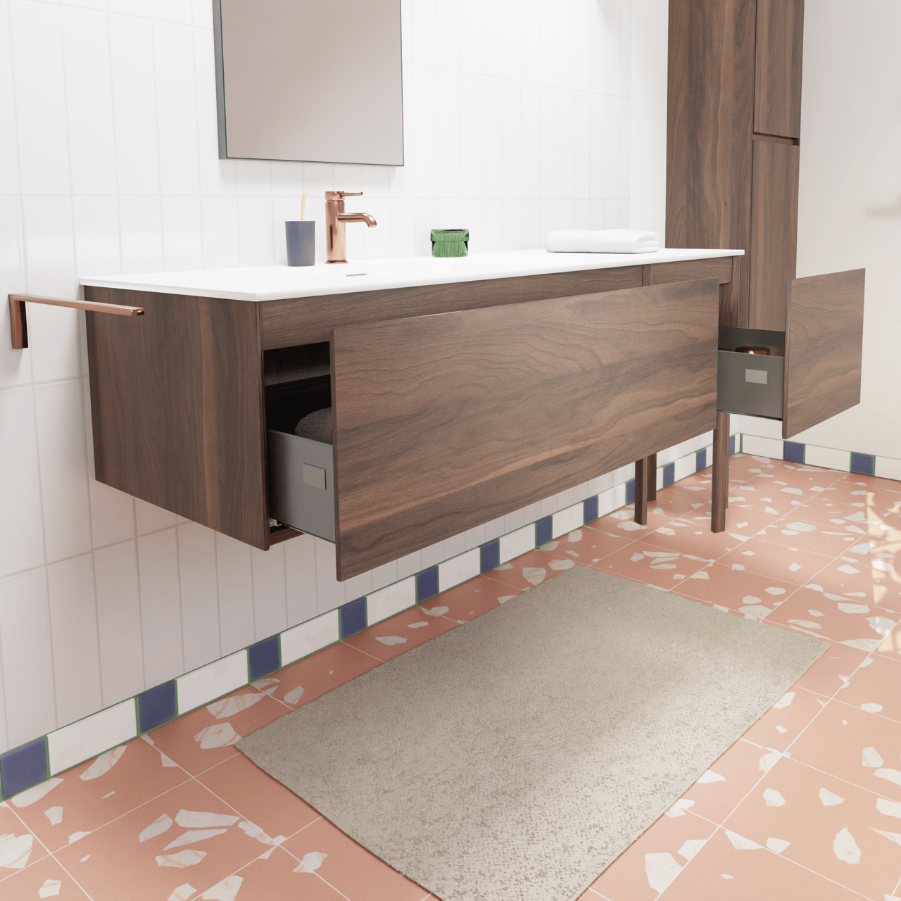 Storke Edge hängendes Möbelstück Set: 150 x 52 cm, Nussbaum, mit Mata Waschtisch links, Solid Surface Weiß matt