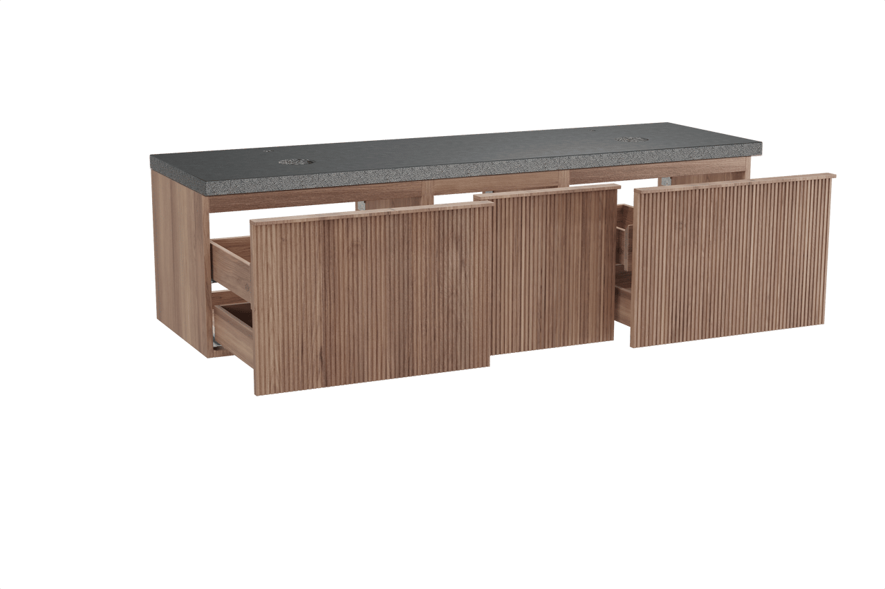 Balmani Forma meuble salle de bains suspendu 180 x 55 cm teck avec Rock tablette double en granit noir, Nervure gauche symétrique verticale