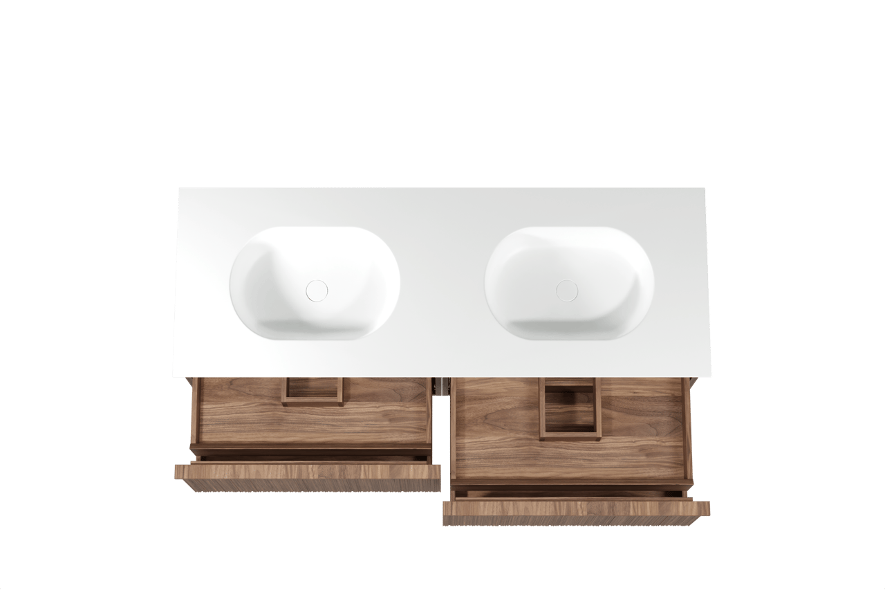 Balmani Forma meuble salle de bains suspendu 150 x 55 cm noyer américain avec Tablo Oval double vasque en solid surface blanc mat, Nervure circulaire asymétrique verticale