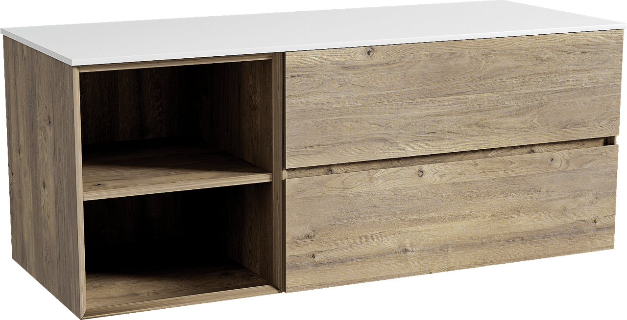 Storke Edge zwevend badkamermeubel 130 x 52 cm ruwe eik met Tavola enkel of dubbel tablet in solid surface mat wit