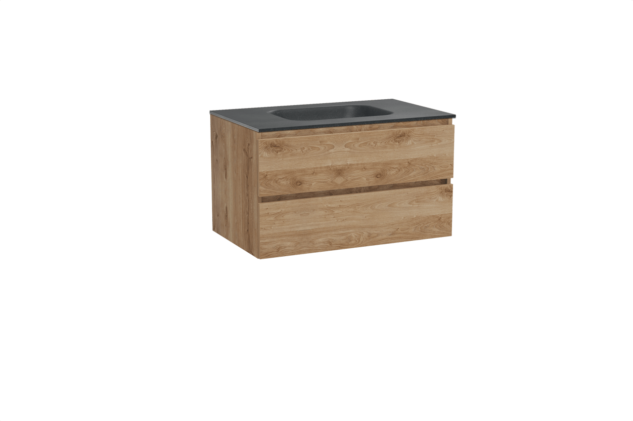 Balmani Lucida zwevend badkamermeubel 90 x 55 cm ruwe eik met Tablo Arcato enkele wastafel in graniet zwart