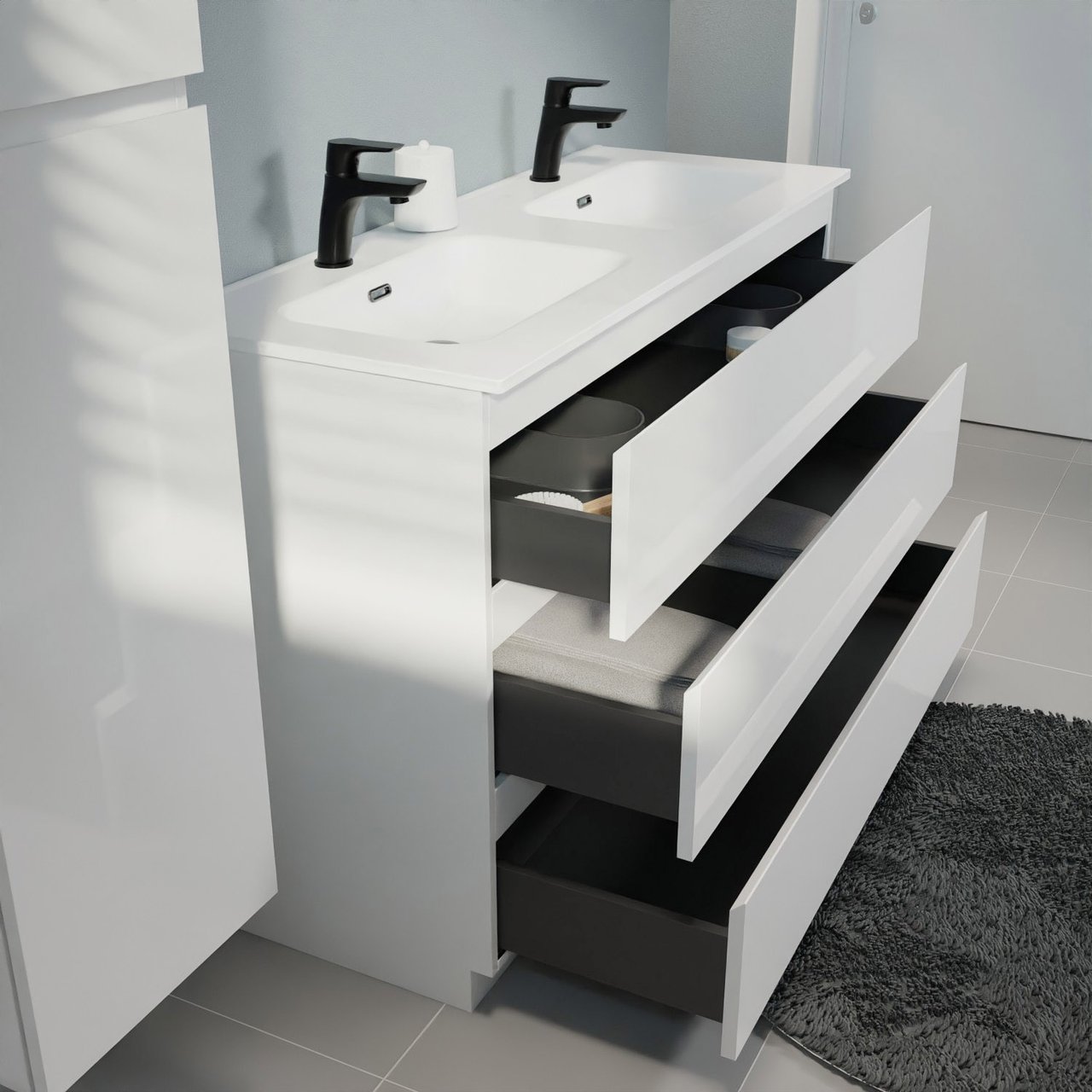 Linie Lado meuble salle de bains à poser 120 x 46 cm blanc brillant avec Baro double vasque en porcelaine blanc brillant