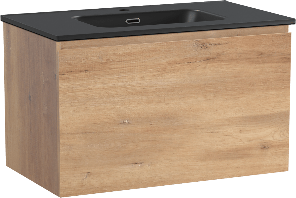 Linie Lado zwevend badmeubel 80 x 46 cm naturel eiken met Baro enkele wastafel in porselein mat zwart